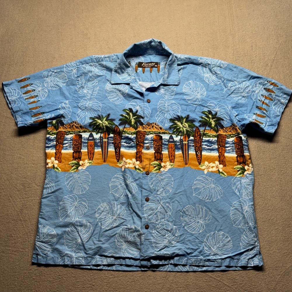 Favant Hawaii XXL Blue Hawaiian Shirt Tiki Surfboard Border Print Cotton